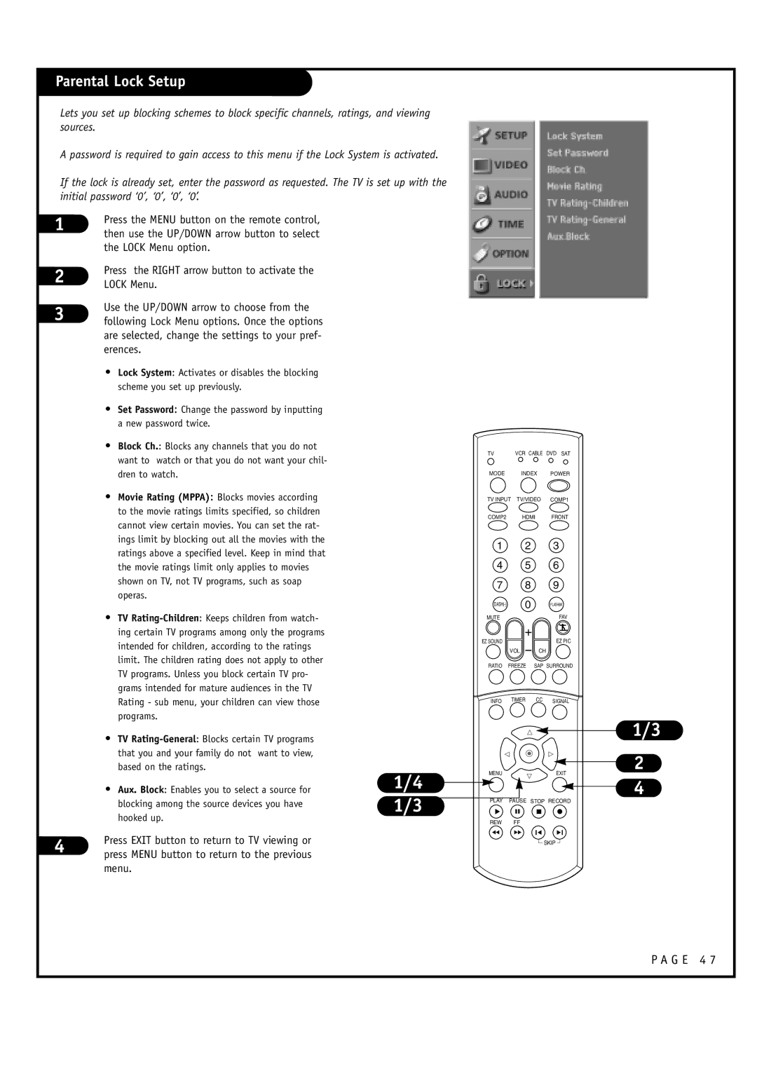 LG Electronics 32FZ4D-UA, 30FZ4D owner manual Parental Lock Setup, Lock Menu option, Erences 