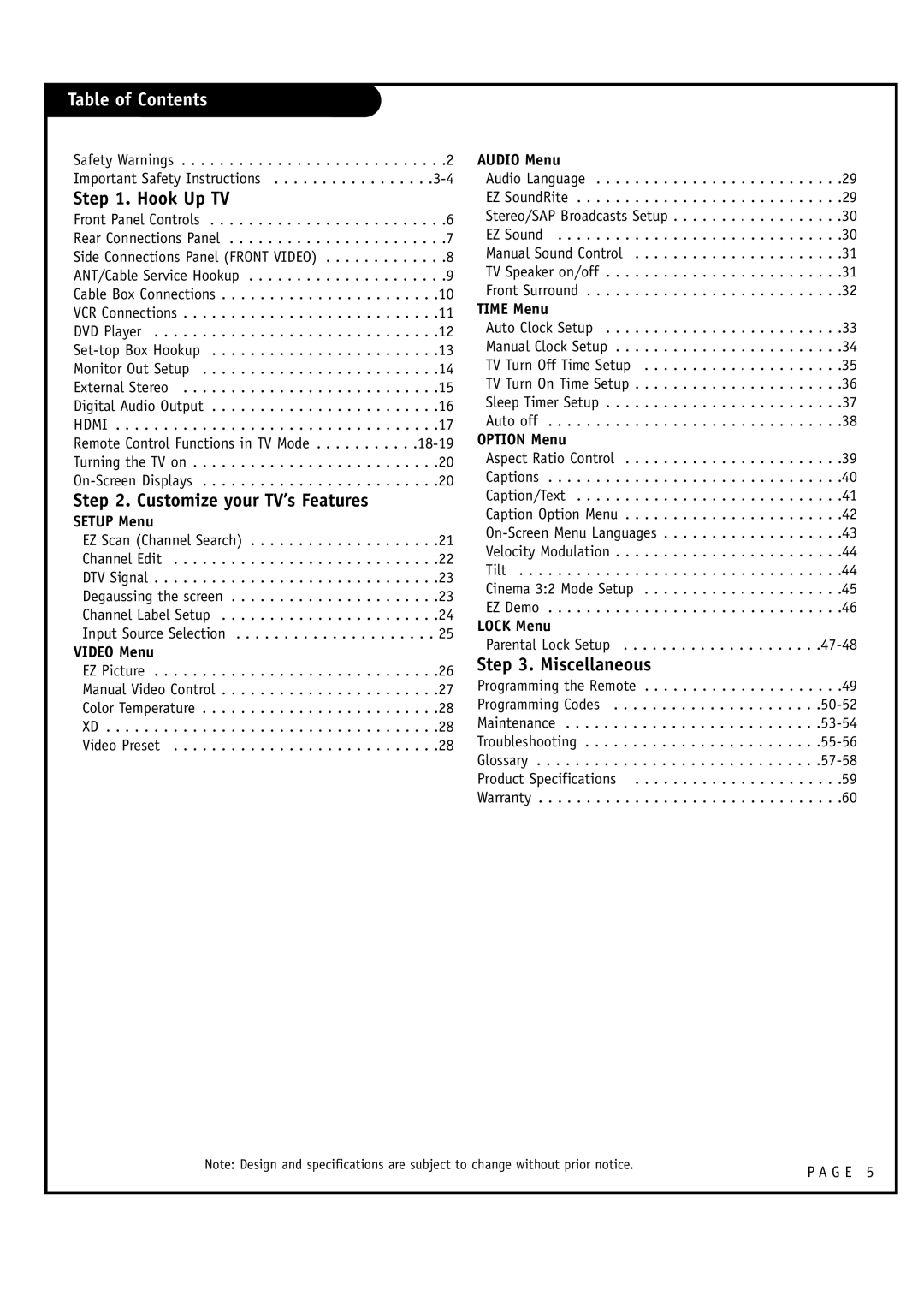 LG Electronics 32FZ4D-UA, 30FZ4D owner manual Table of Contents 