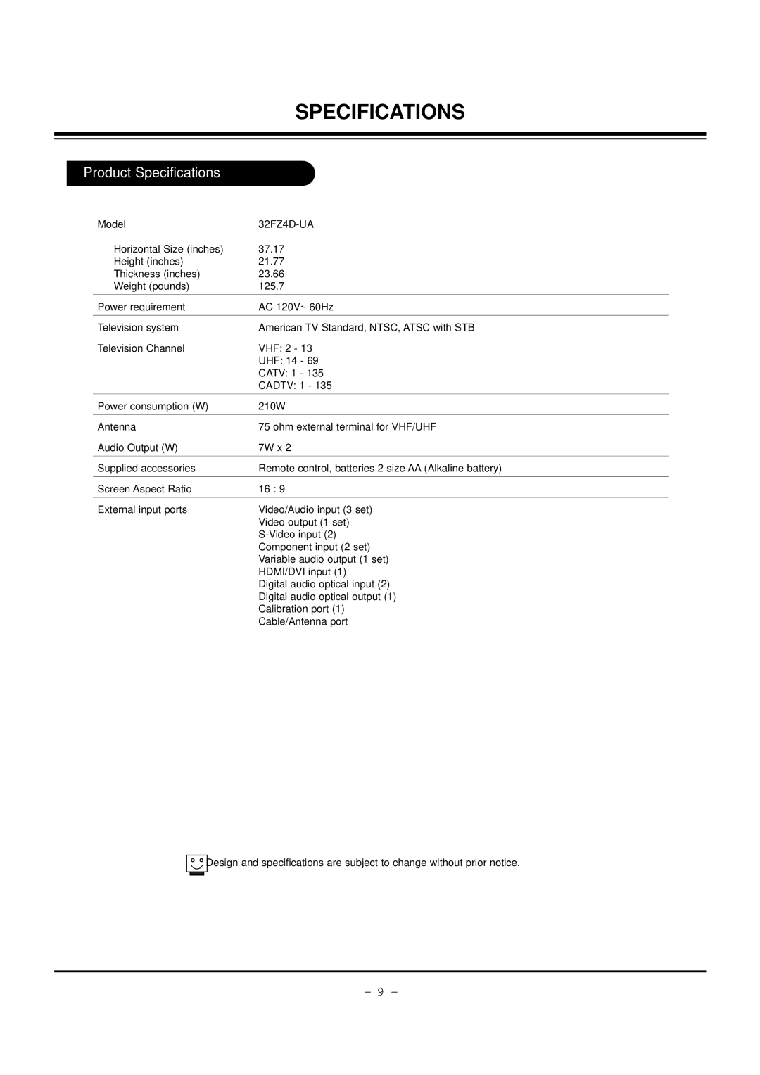 LG Electronics 32FZ4D-UA, 30FZ4D service manual Product Specifications 