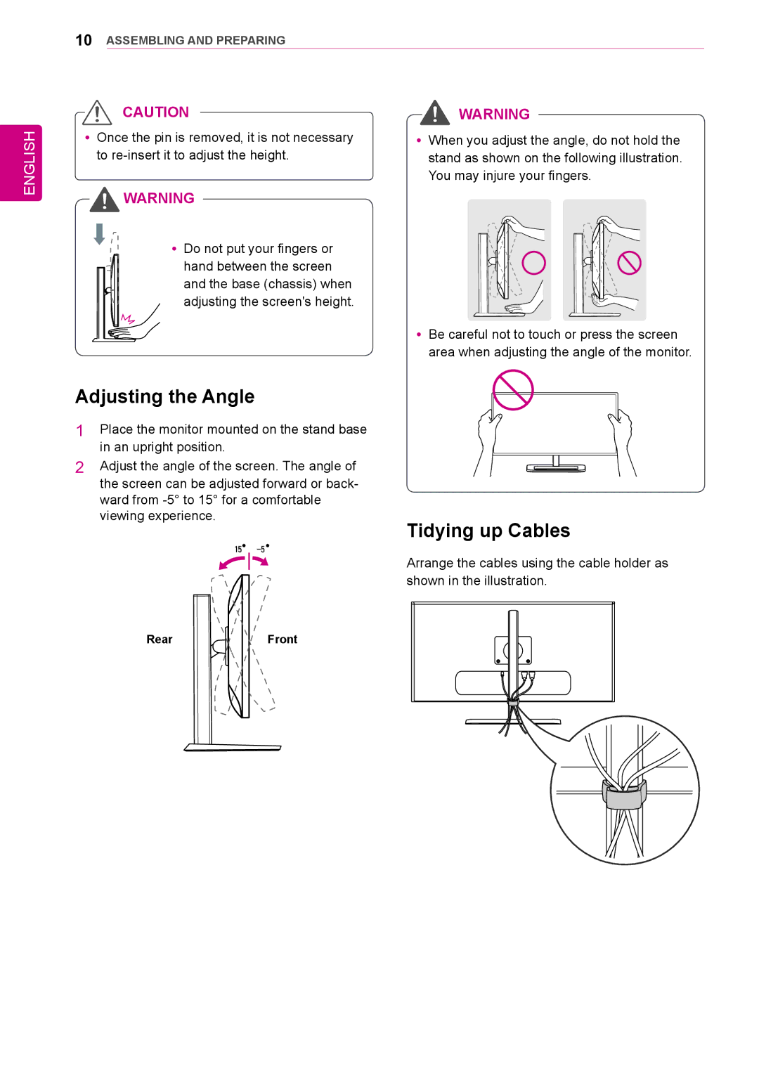 LG Electronics 31mu97 owner manual Adjusting the Angle, Tidying up Cables 