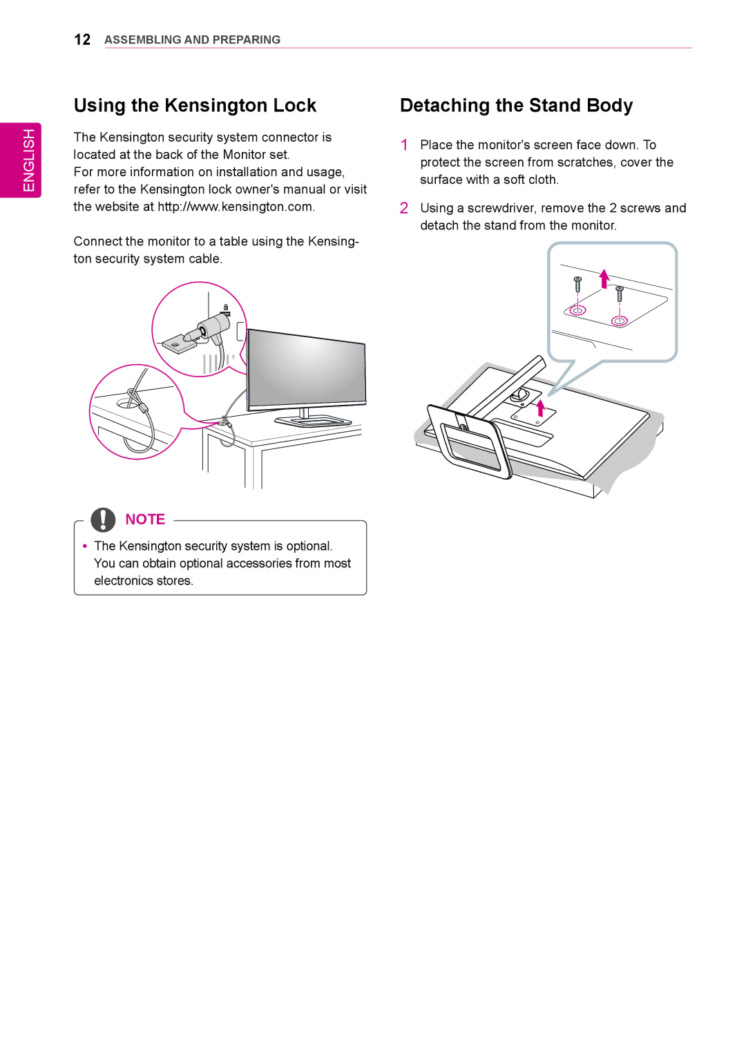 LG Electronics 31mu97 owner manual Using the Kensington Lock, Detaching the Stand Body 