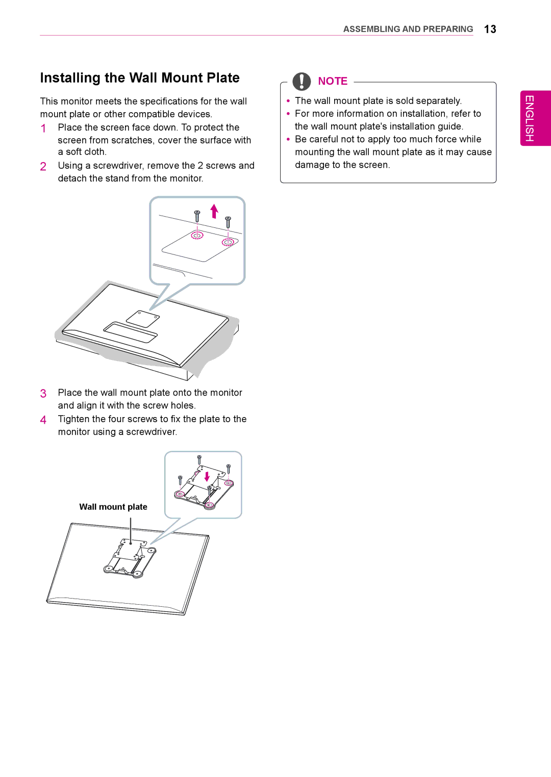 LG Electronics 31mu97 owner manual Installing the Wall Mount Plate 