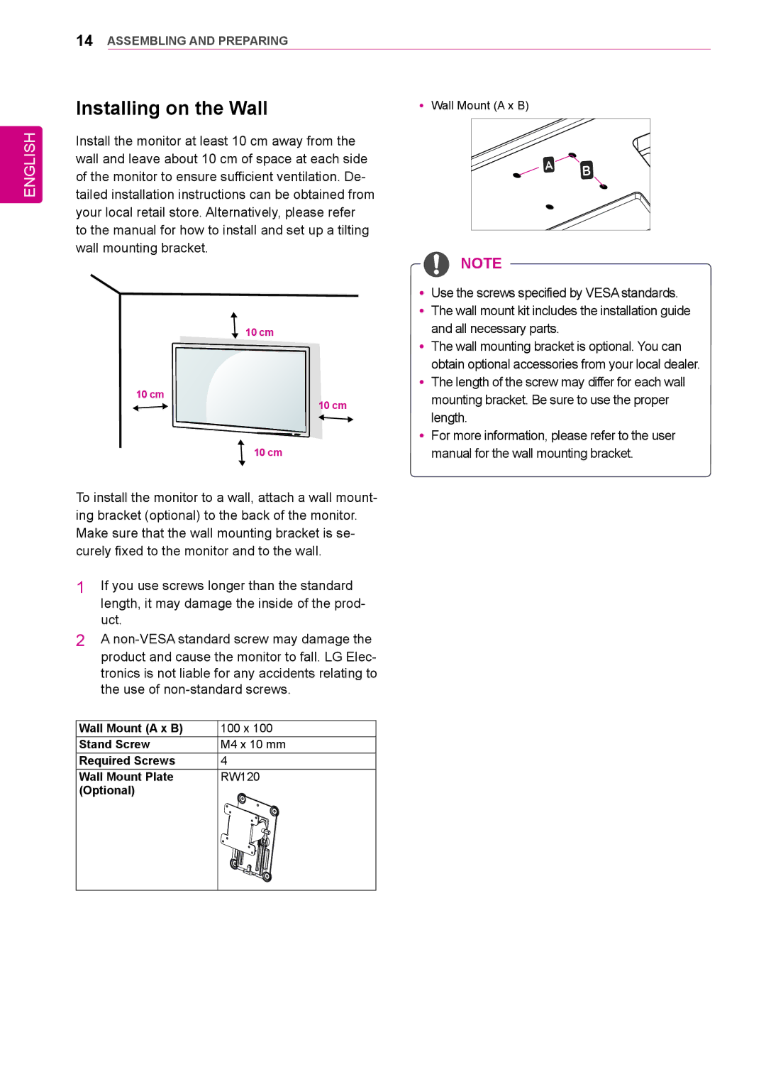 LG Electronics 31mu97 owner manual Installing on the Wall, Yy Wall Mount a x B 