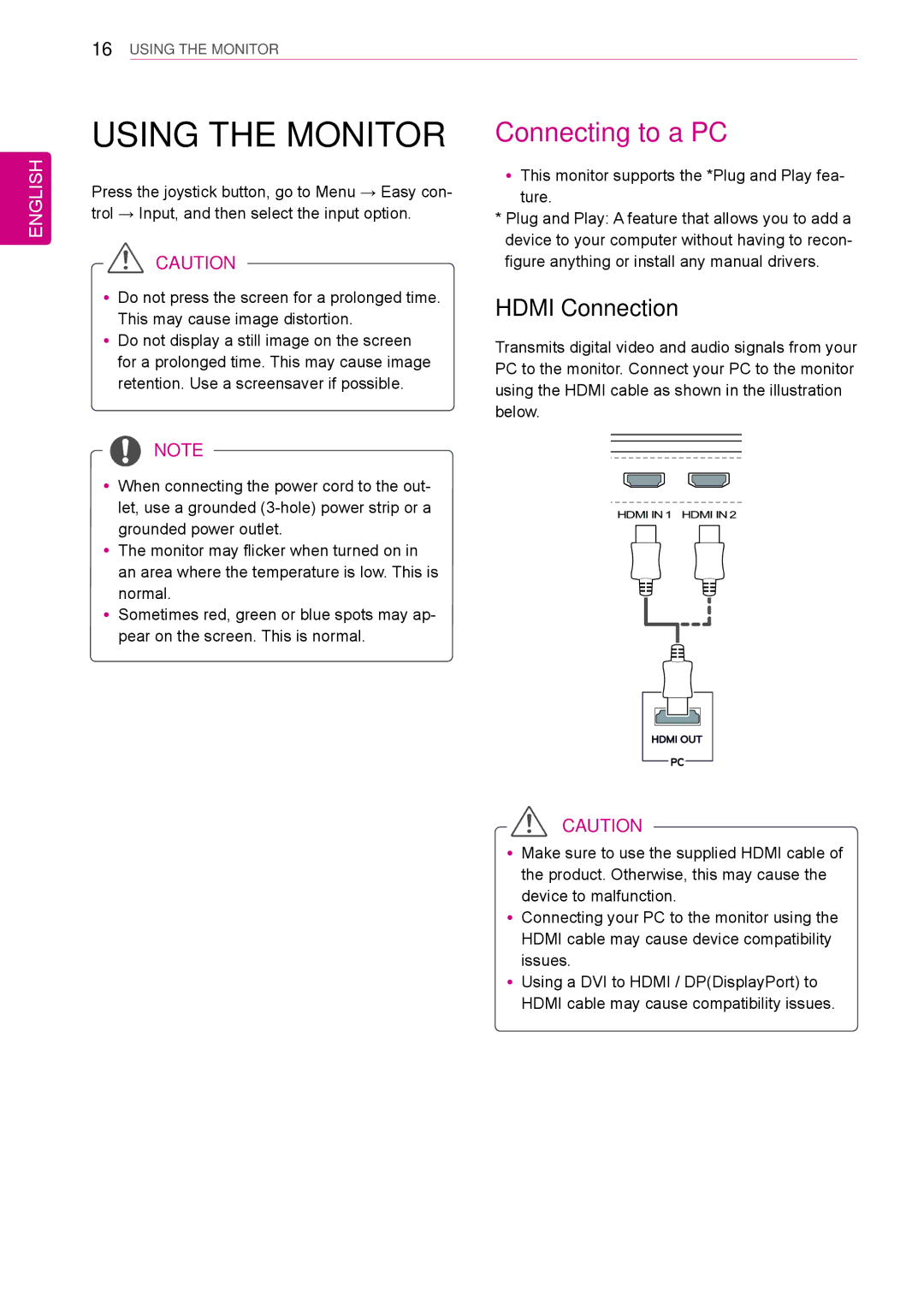 LG Electronics 31mu97 owner manual Using the Monitor, Connecting to a PC, Hdmi Connection 