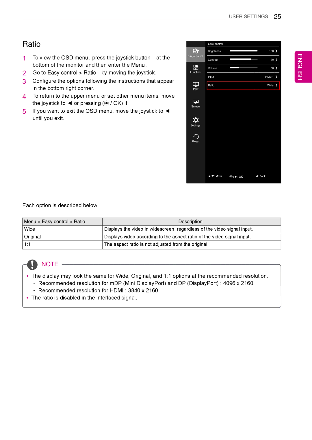 LG Electronics 31mu97 owner manual Ratio, Each option is described below 