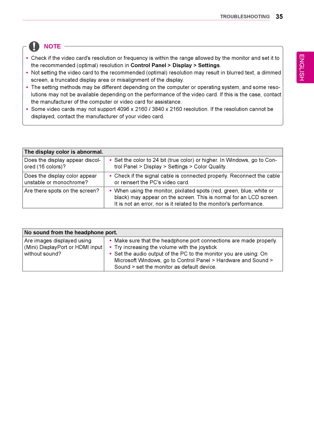 LG Electronics 31mu97 owner manual Display color is abnormal, No sound from the headphone port 