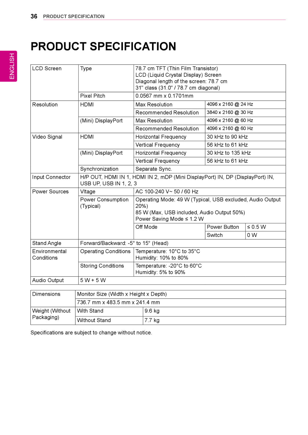 LG Electronics 31mu97 owner manual Product Specification, Hdmi 