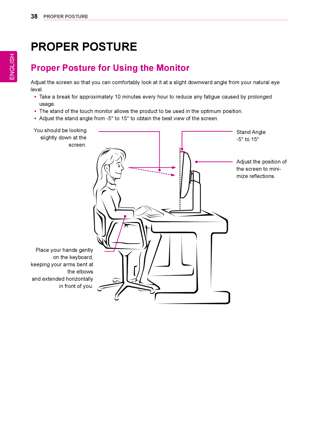 LG Electronics 31mu97 owner manual Proper Posture for Using the Monitor 