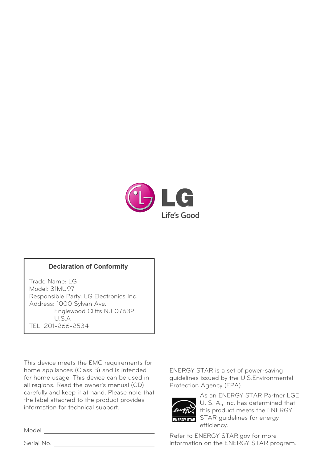 LG Electronics 31mu97 owner manual Declaration of Conformity 