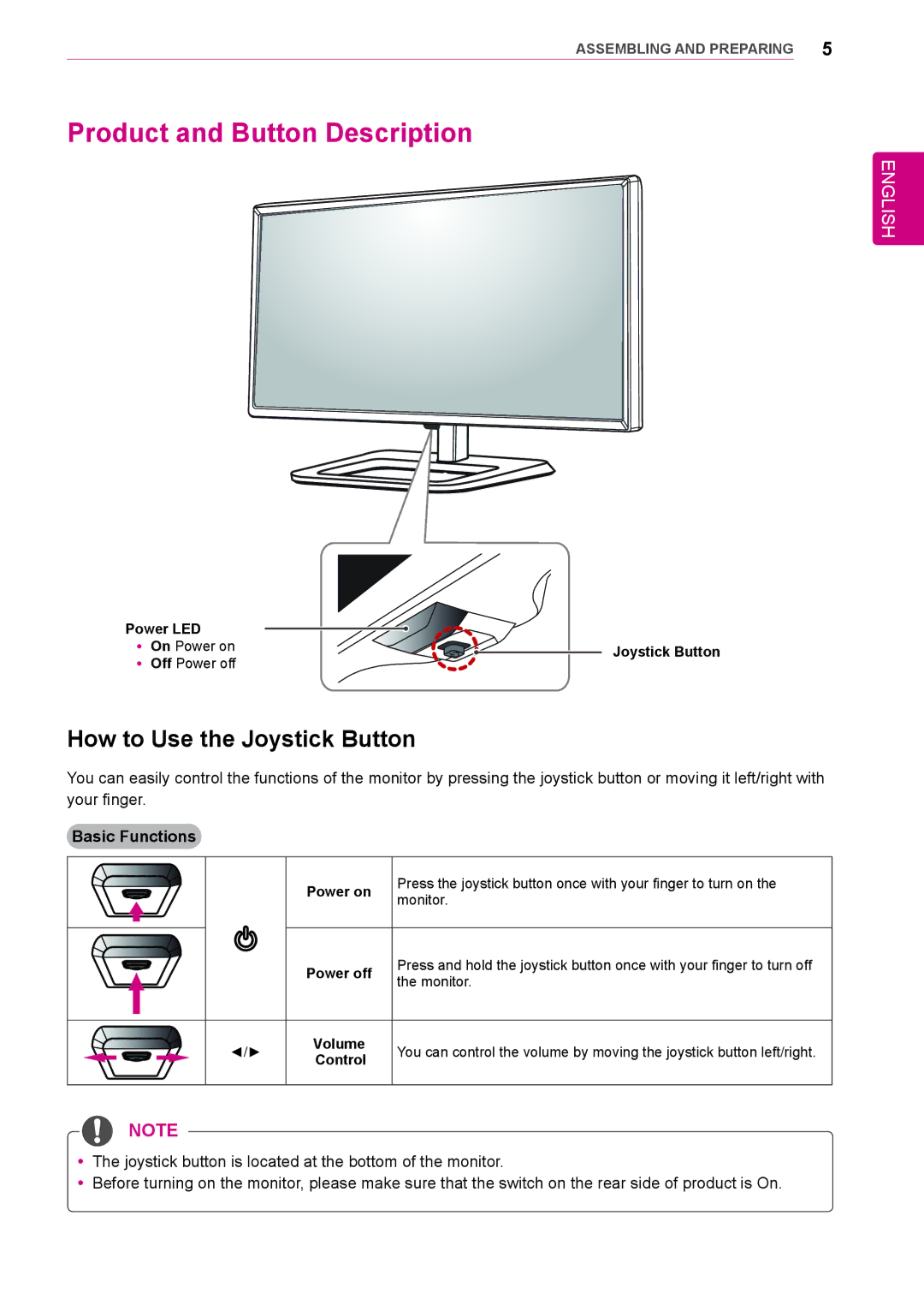 LG Electronics 31mu97 owner manual Product and Button Description, How to Use the Joystick Button, Basic Functions 