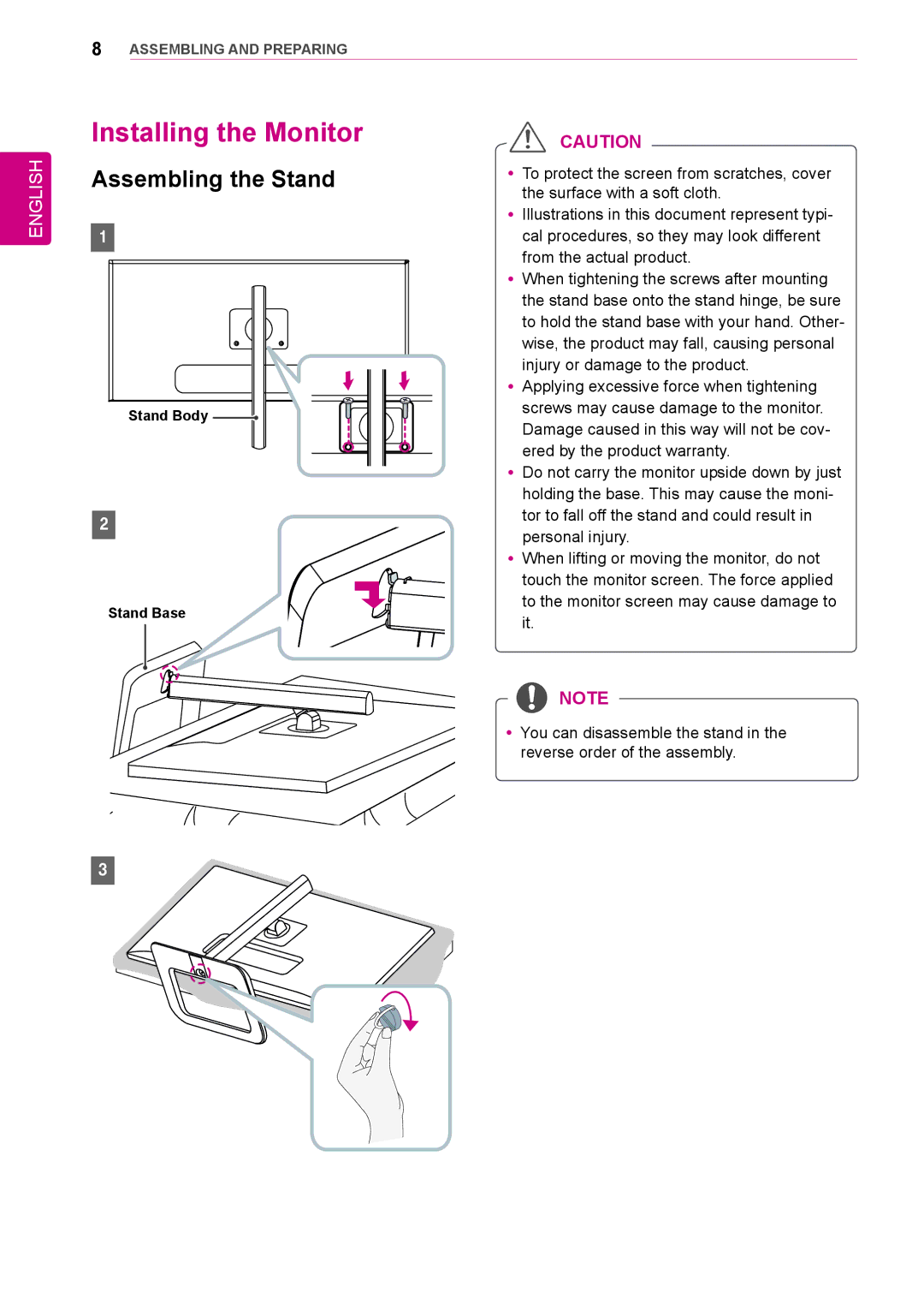 LG Electronics 31mu97 owner manual Installing the Monitor, Assembling the Stand 