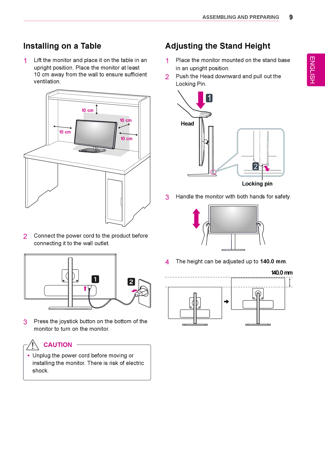 LG Electronics 31mu97 owner manual Installing on a Table, Adjusting the Stand Height, Head, Locking pin 