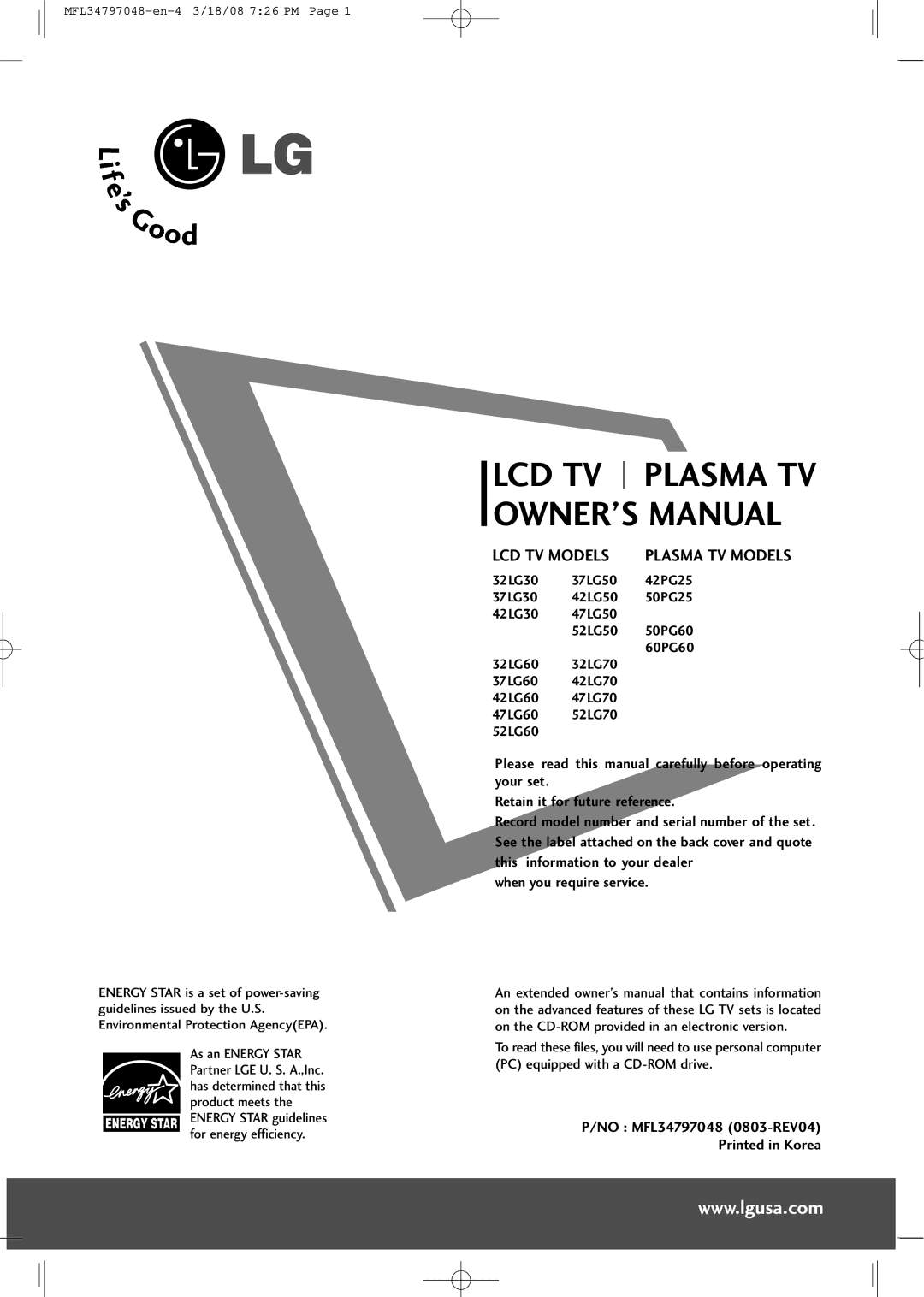 LG Electronics 3230 owner manual Lcd Tv 