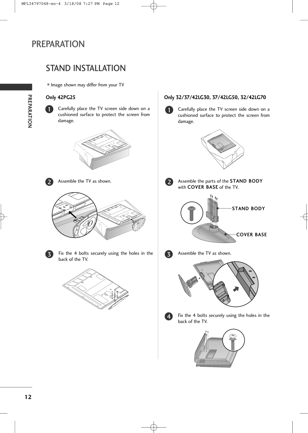 LG Electronics 3230 owner manual Stand Installation, Only 32/37/42LG30, 37/42LG50, 32/42LG70, Stand Body, Cover Base 