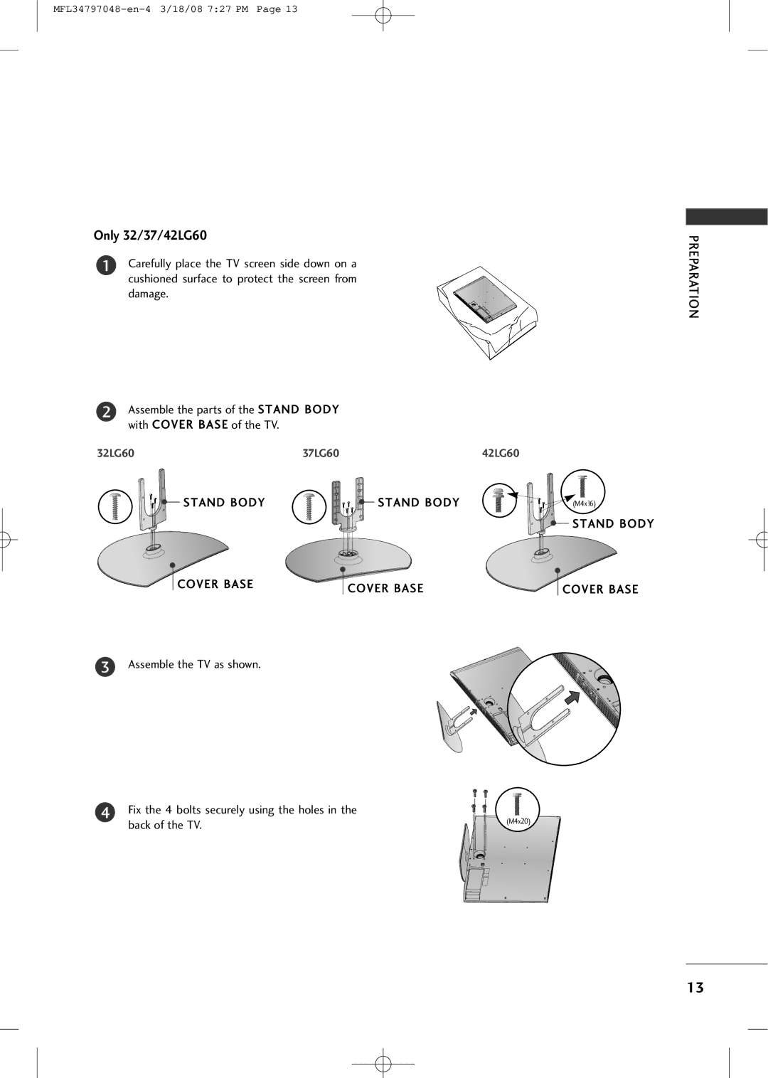 LG Electronics 3230 Only 32/37/42LG60, Stand Body Cover Base, Fix the 4 bolts securely using the holes, Back of the TV 