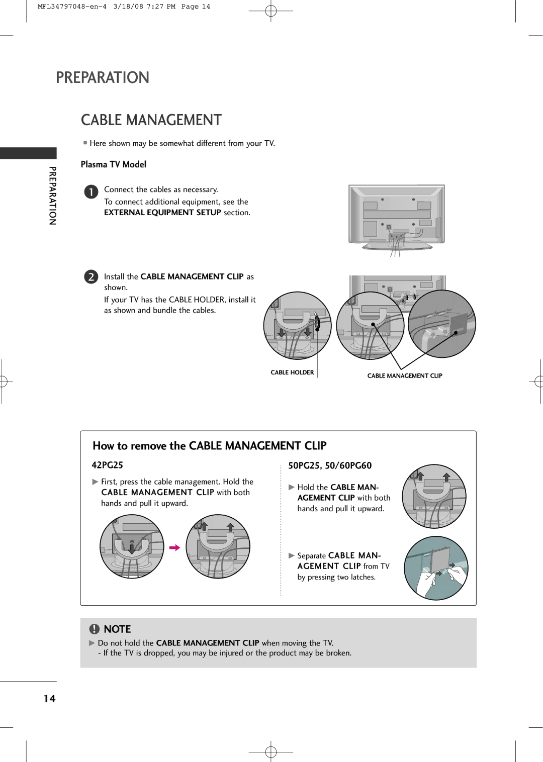 LG Electronics 3230 owner manual How to remove the Cable Management Clip, Plasma TV Model, 42PG25, 50PG25, 50/60PG60 