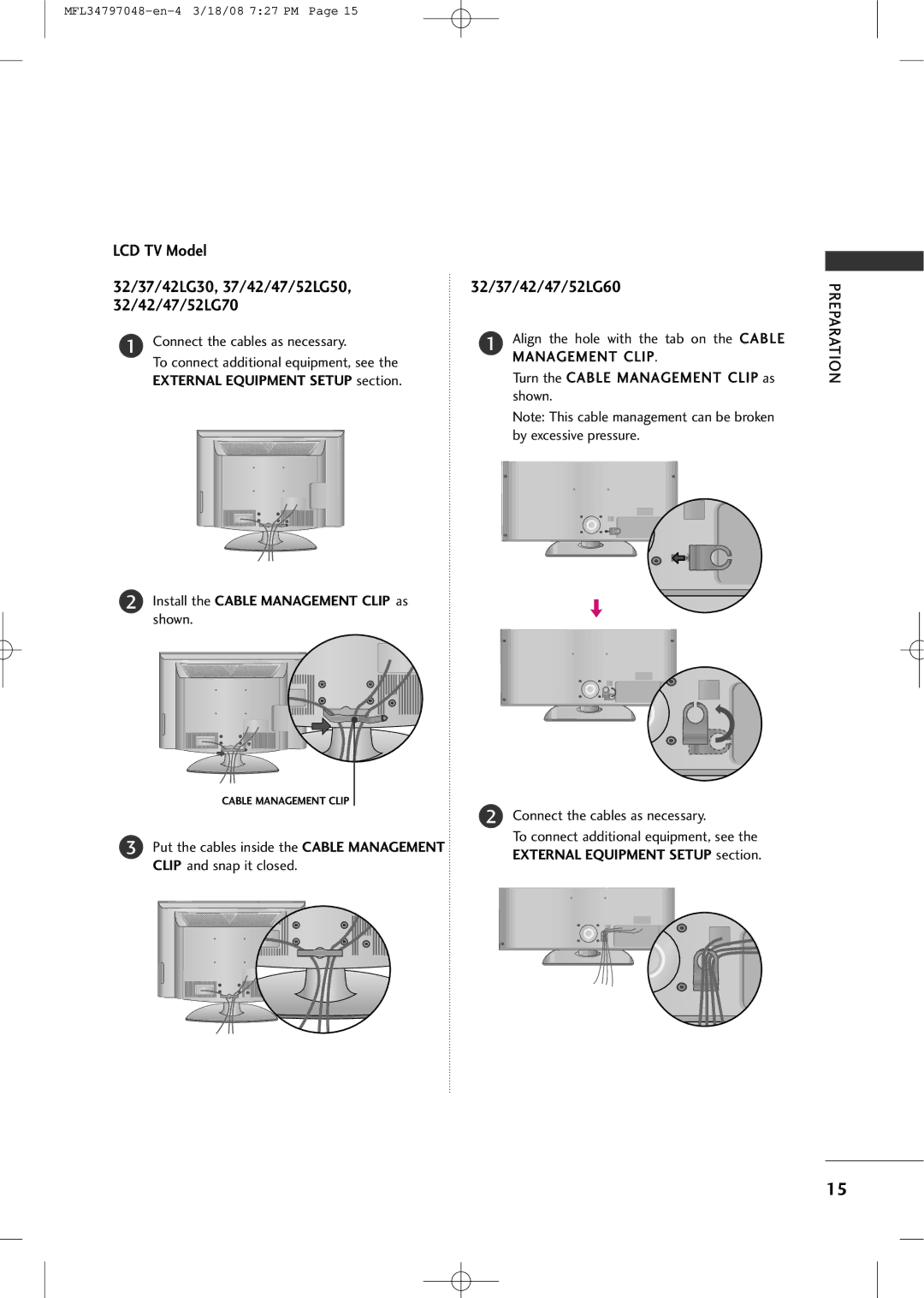 LG Electronics 3230 owner manual LCD TV Model, Connect the cables as necessary 