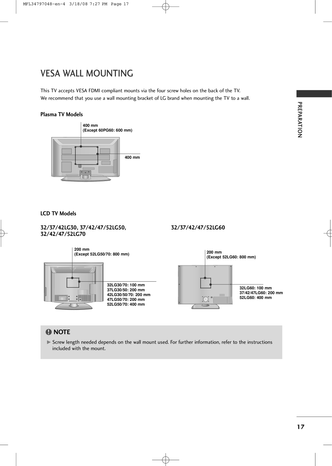 LG Electronics 3230 owner manual Vesa Wall Mounting, LCD TV Models 32/37/42LG30, 37/42/47/52LG50, 32/42/47/52LG70 