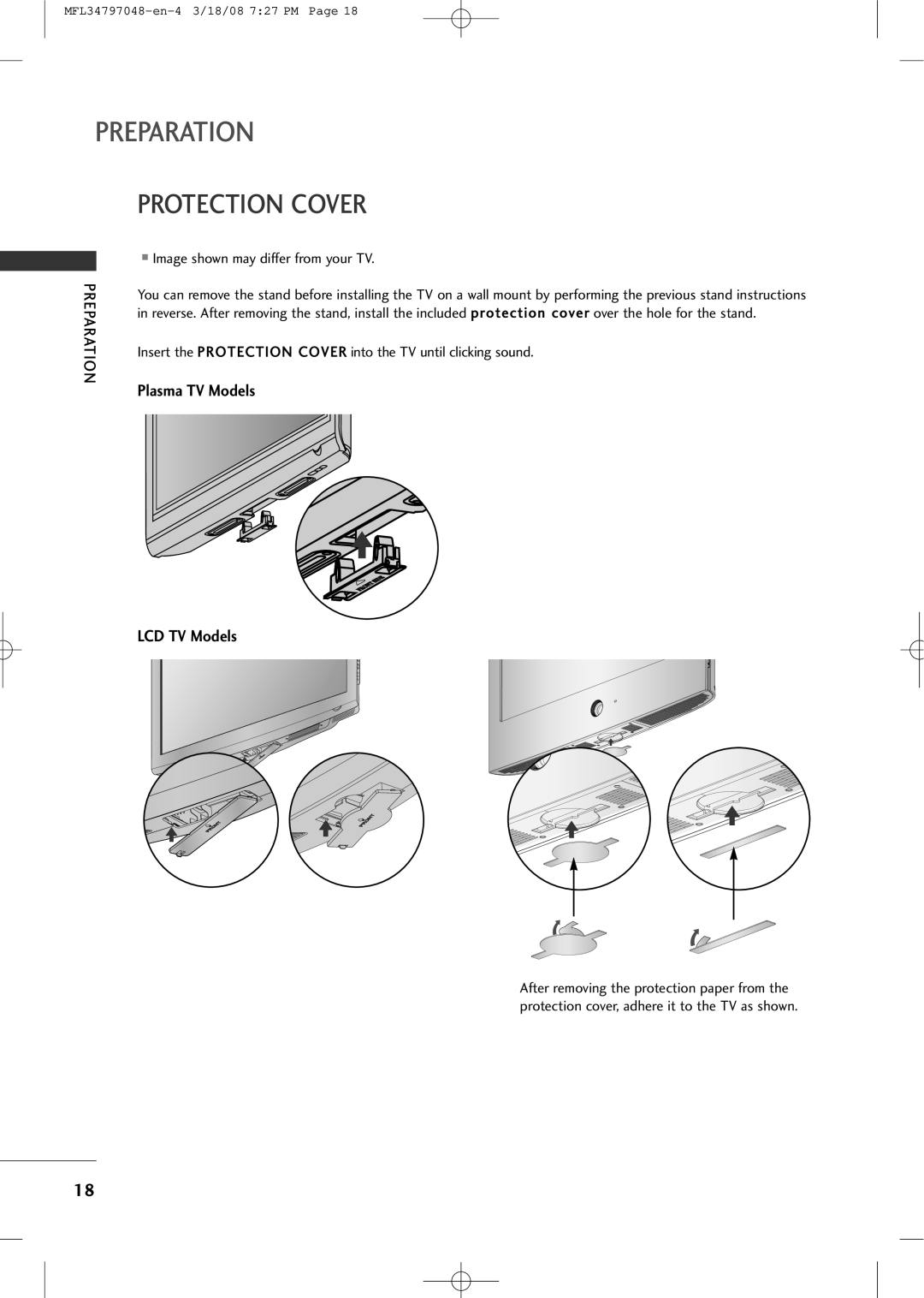 LG Electronics 3230 owner manual Protection Cover, Plasma TV Models LCD TV Models 