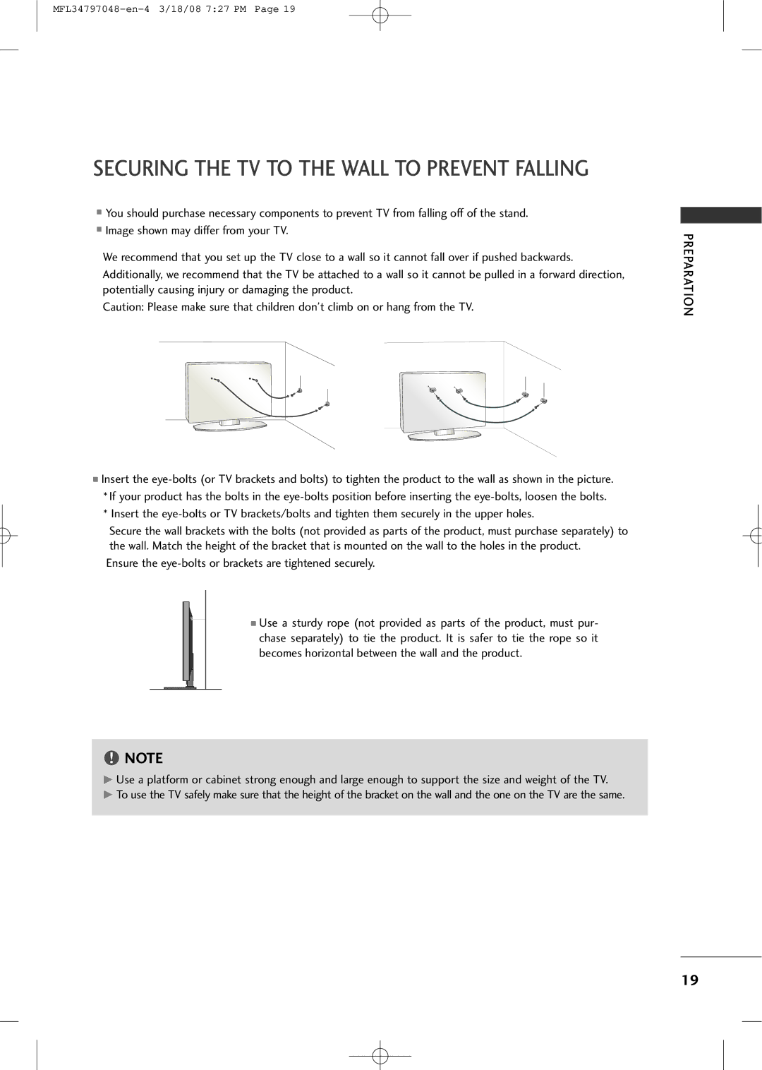 LG Electronics 3230 owner manual Securing the TV to the Wall to Prevent Falling 