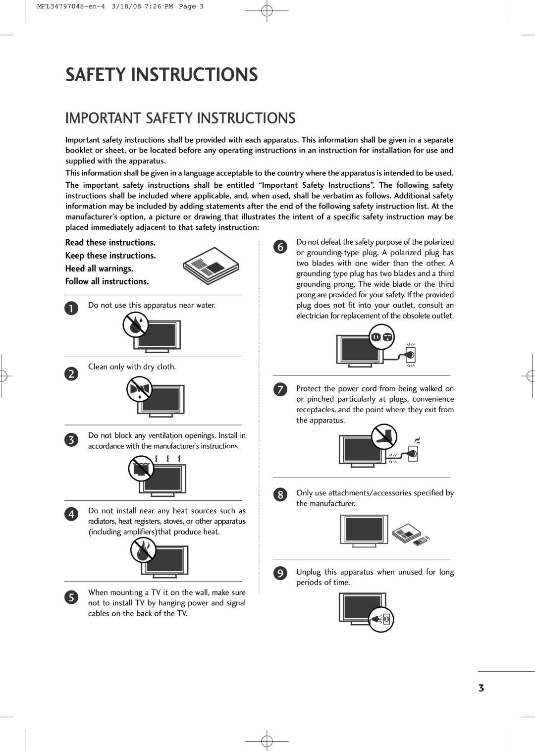 LG Electronics 3230 owner manual Important Safety Instructions, Do not use this apparatus near water 