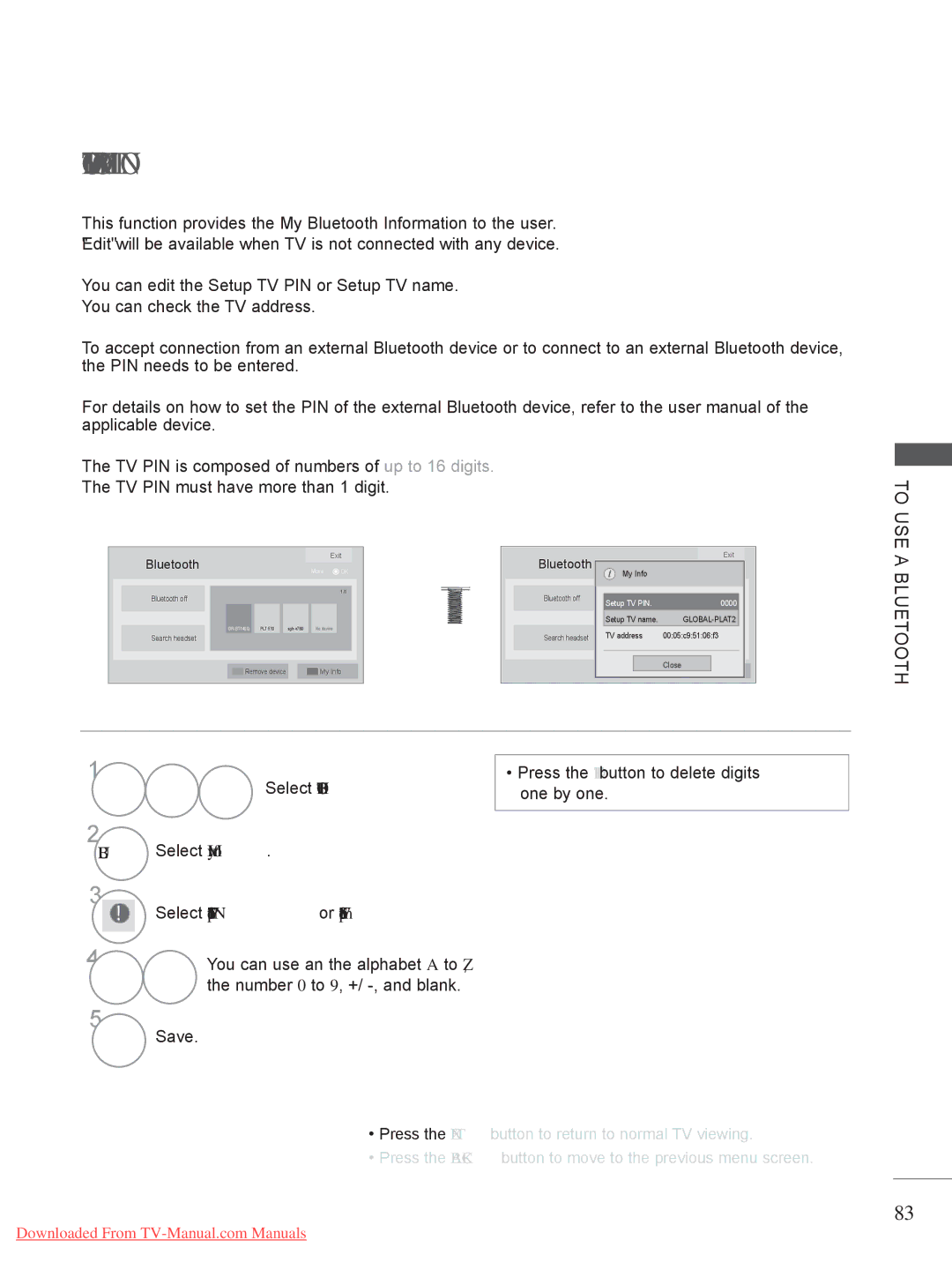 LG Electronics 32/37/42/47/55LV5 MY Bluetooth Information, Select My Info, Select Setup TV PIN or Setup TV name 