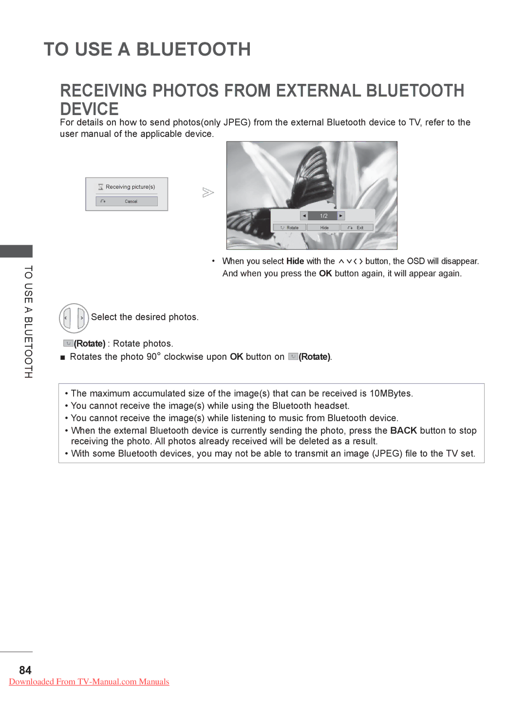 LG Electronics 32/37/42/47/55LV5 owner manual Receiving Photos from External Bluetooth Device 