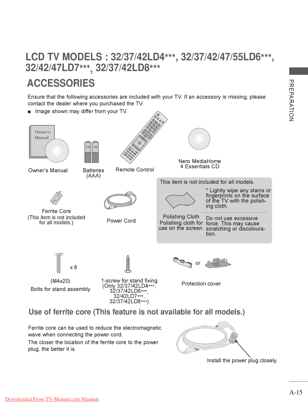 LG Electronics 32/37/42/47/55LV5 owner manual Batteries, Power Cord, Bolts for stand assembly, 32/42LD7, Protection cover 