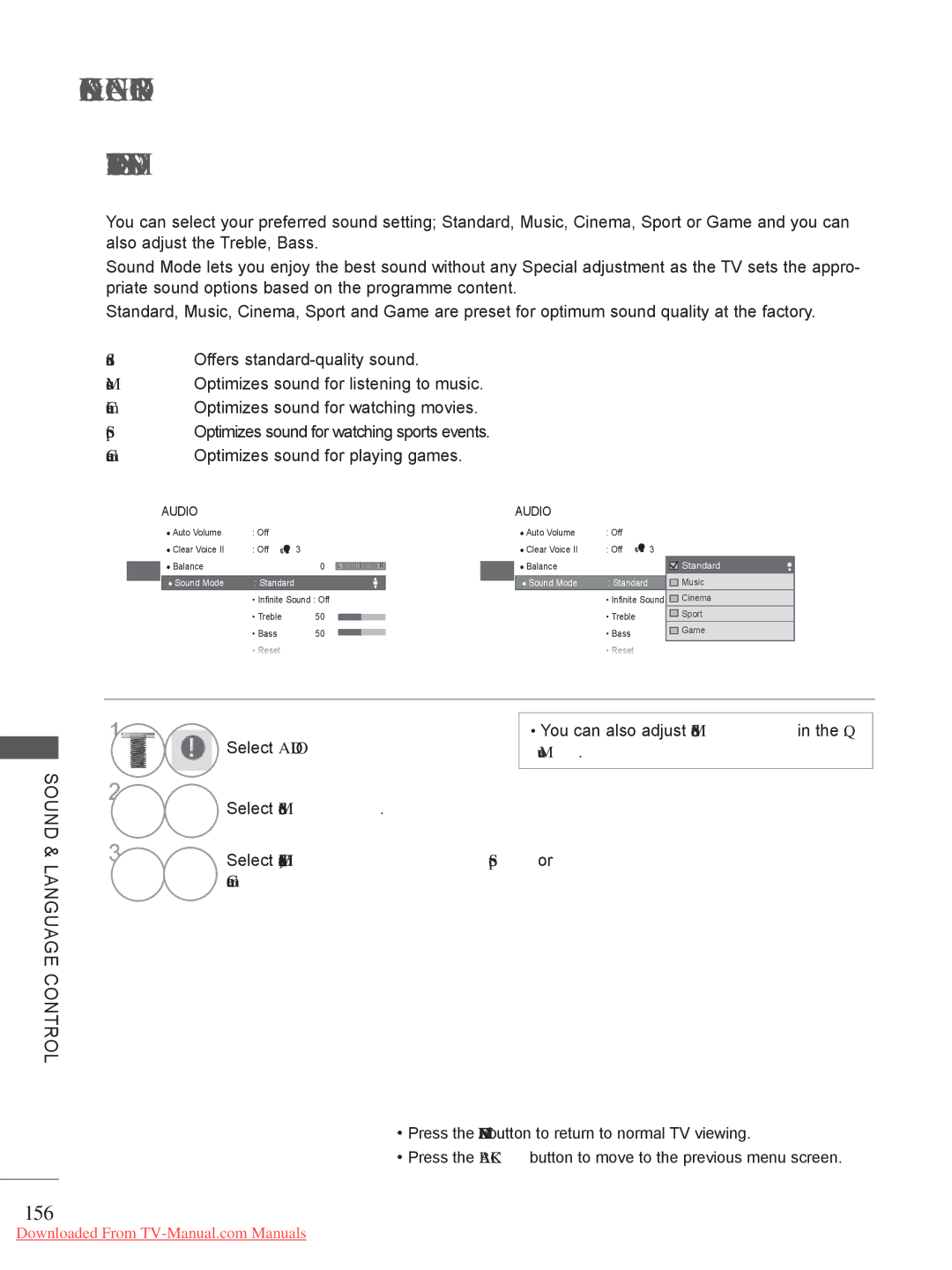 LG Electronics 32/37/42/47/55LV5 owner manual Preset Sound SETTINGS-SOUND Mode, 156 