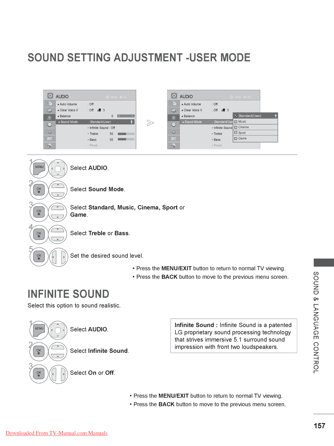 LG Electronics 32/37/42/47/55LV5 owner manual Sound Setting Adjustment -USER Mode, Infinite Sound, 157, Select Sound Mode 