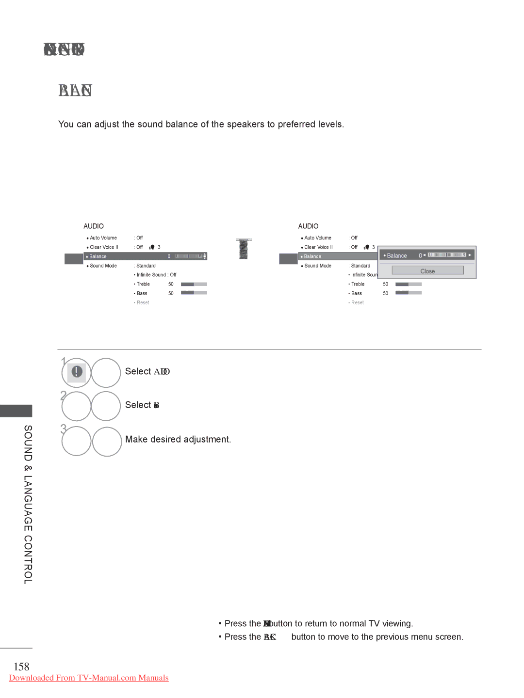 LG Electronics 32/37/42/47/55LV5 owner manual 158, Select Audio Select Balance Make desired adjustment 