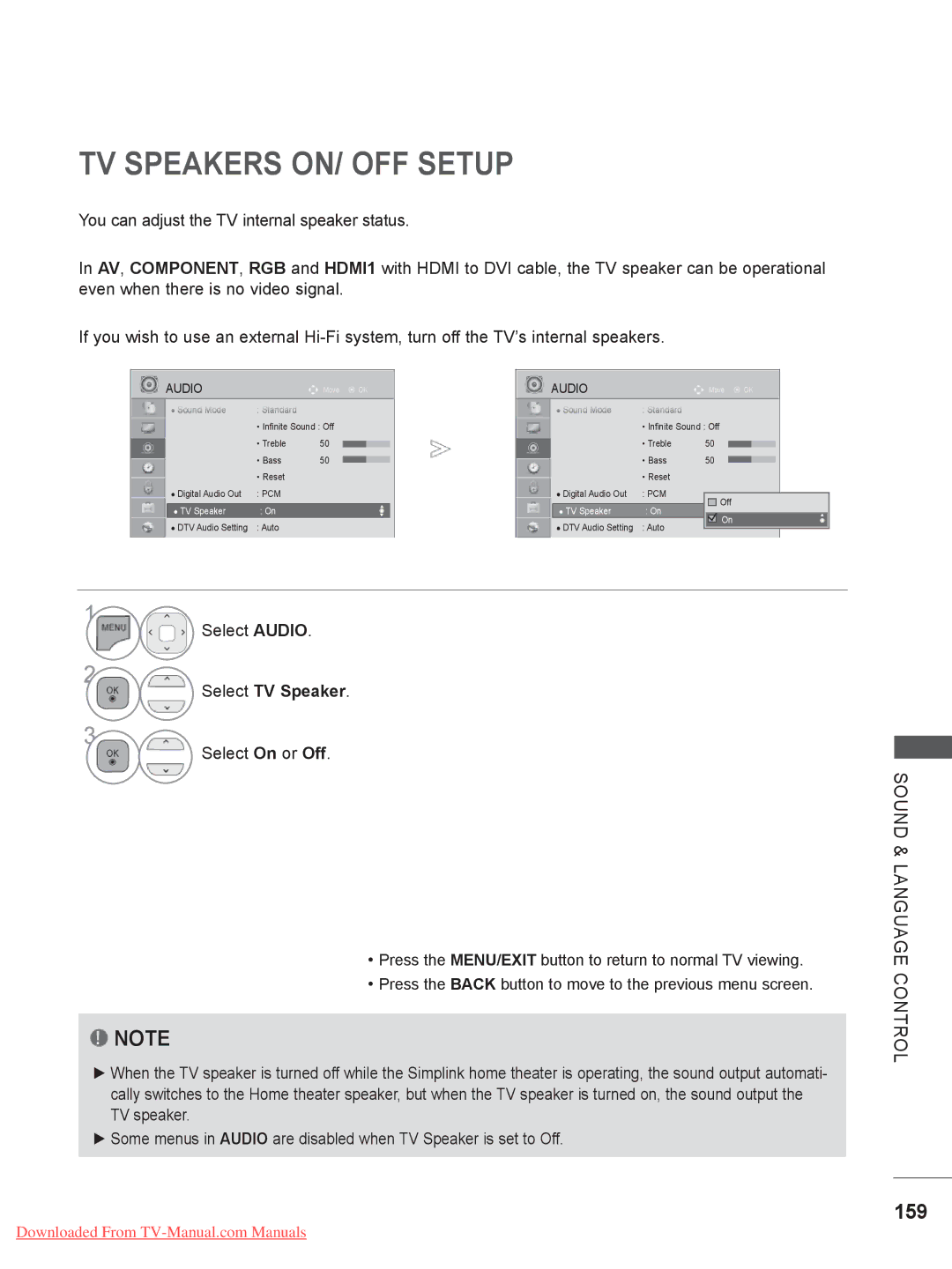 LG Electronics 32/37/42/47/55LV5 owner manual TV Speakers ON/ OFF Setup, 159, Select TV Speaker 