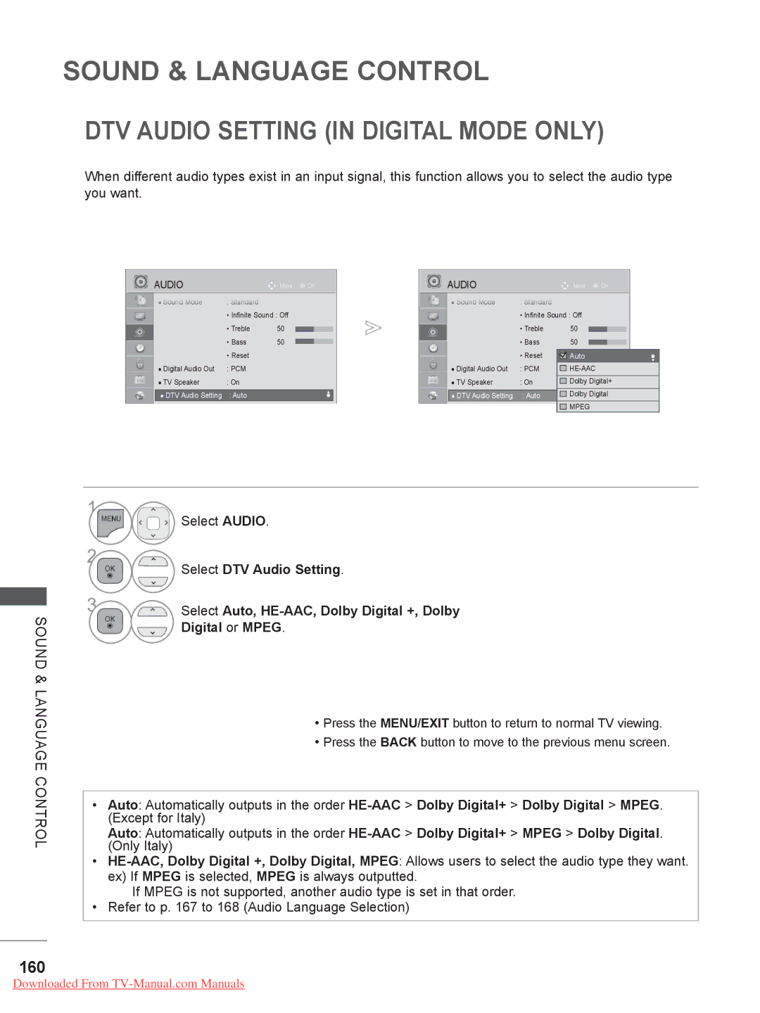 LG Electronics 32/37/42/47/55LV5 DTV Audio Setting in Digital Mode only, 160, Select DTV Audio Setting, Digital or Mpeg 