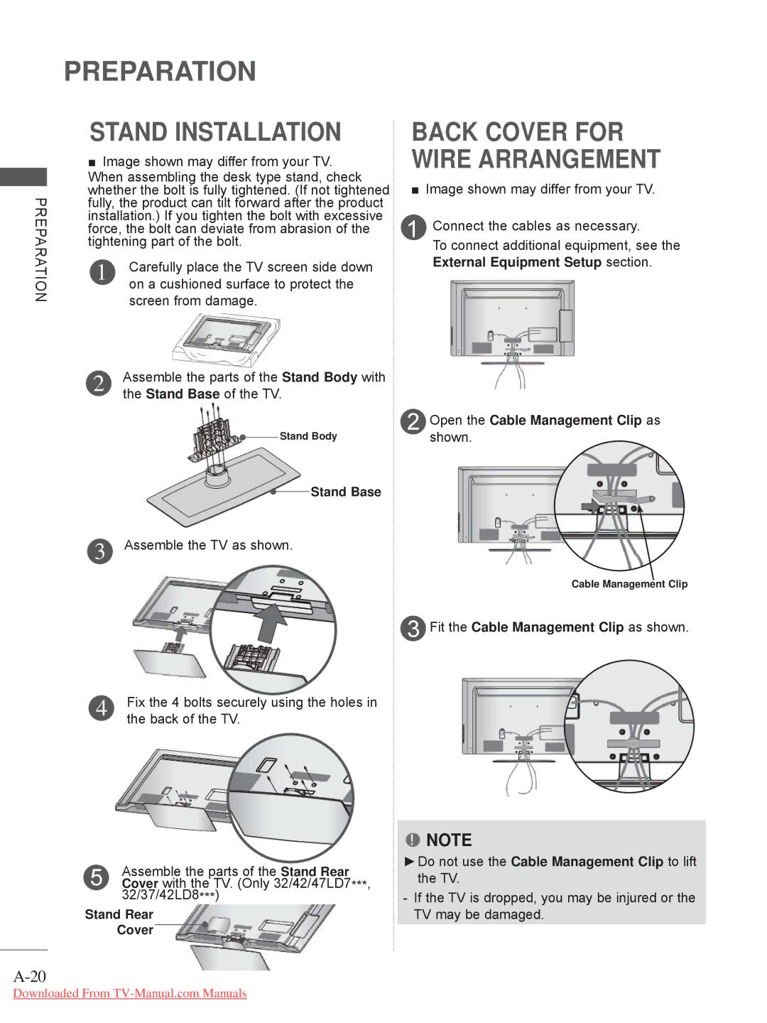 LG Electronics 32/37/42/47/55LV5 owner manual Open the Cable Management Clip as, Fit the Cable Management Clip as shown 