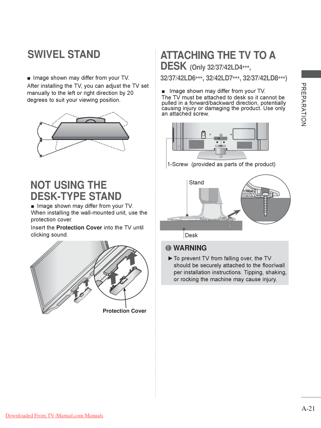 LG Electronics 32/37/42/47/55LV5 owner manual Attaching the TV to a, Not Using the DESK-TYPE Stand 