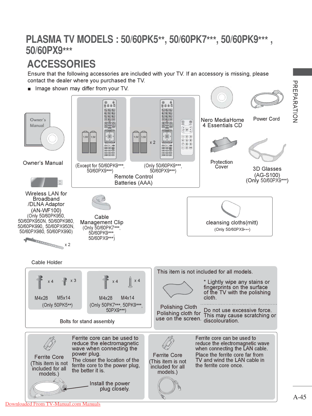 LG Electronics 32/37/42/47/55LV5 owner manual Remote Control Batteries AAA Wireless LAN for, Cable, Management Clip 