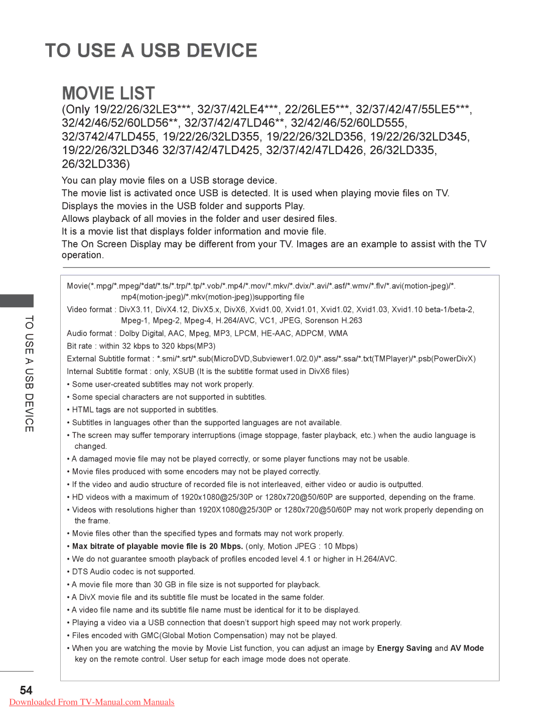 LG Electronics 32/42/46/52/60LD5, 32/37/42/47LD4, 32/37/42/47/55LE5, 26/32LD33, 26/32LD32 To USE a USB Device, Movie List 