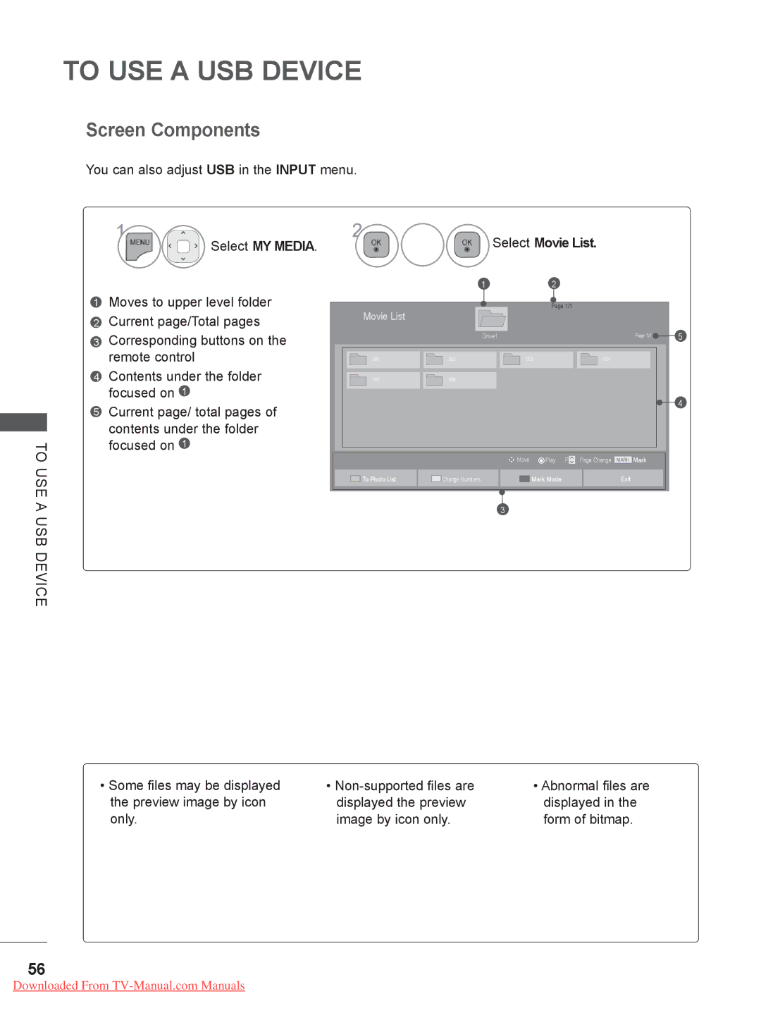 LG Electronics 26/32LD32, 22/26LE5 Screen Components, You can also adjust USB in the Input menu, To USE, Select Movie List 