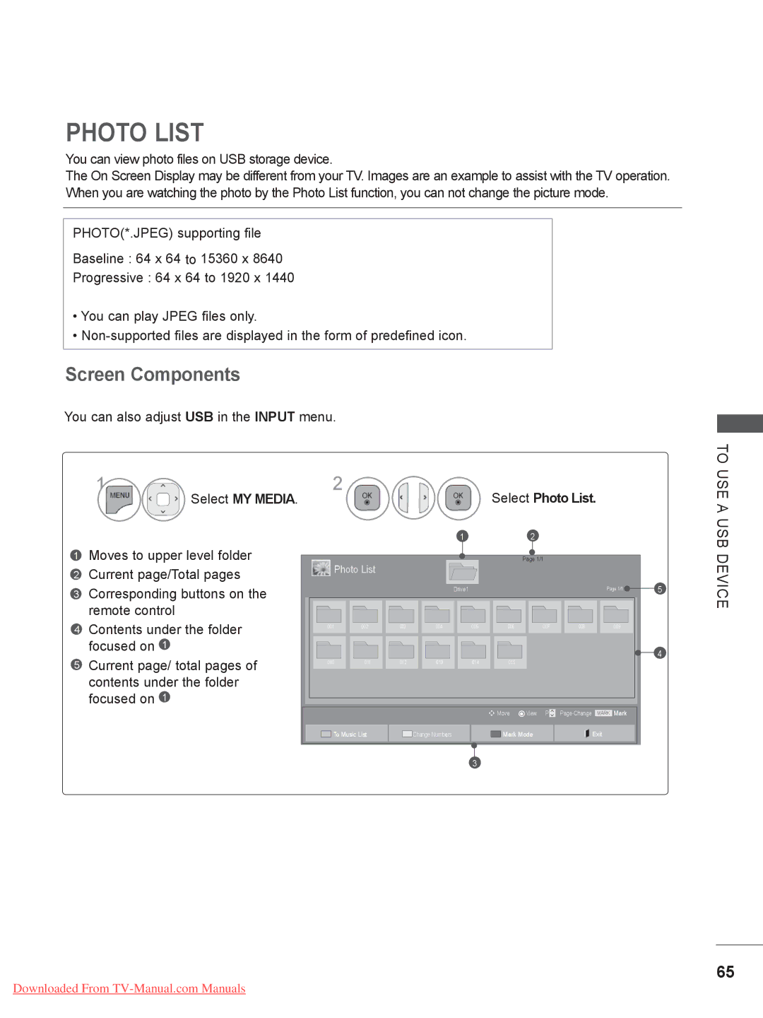 LG Electronics 26/32LD33, 32/37/42/47LD4, 26/32LD32 You can view photo files on USB storage device, Select Photo List 