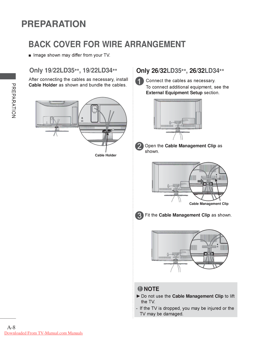 LG Electronics 32/42/46/52/60LD5, 32/37/42/47LD4 Back Cover for Wire Arrangement, External Equipment Setup section, Shown 