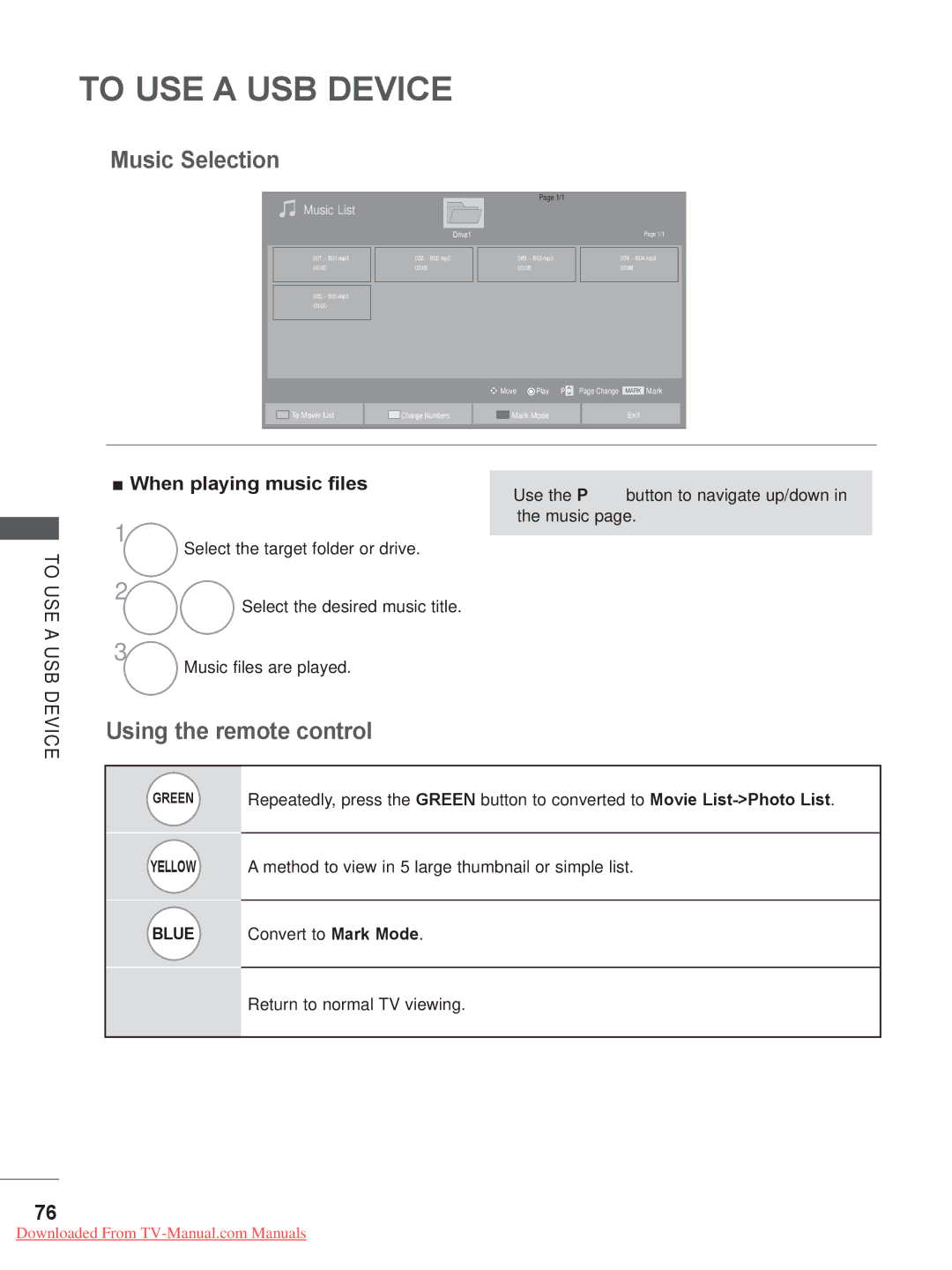 LG Electronics 26/32LD32, 32/37/42/47LD4, 32/37/42/47/55LE5 Music Selection, When playing music files, To USE a USB, Device 