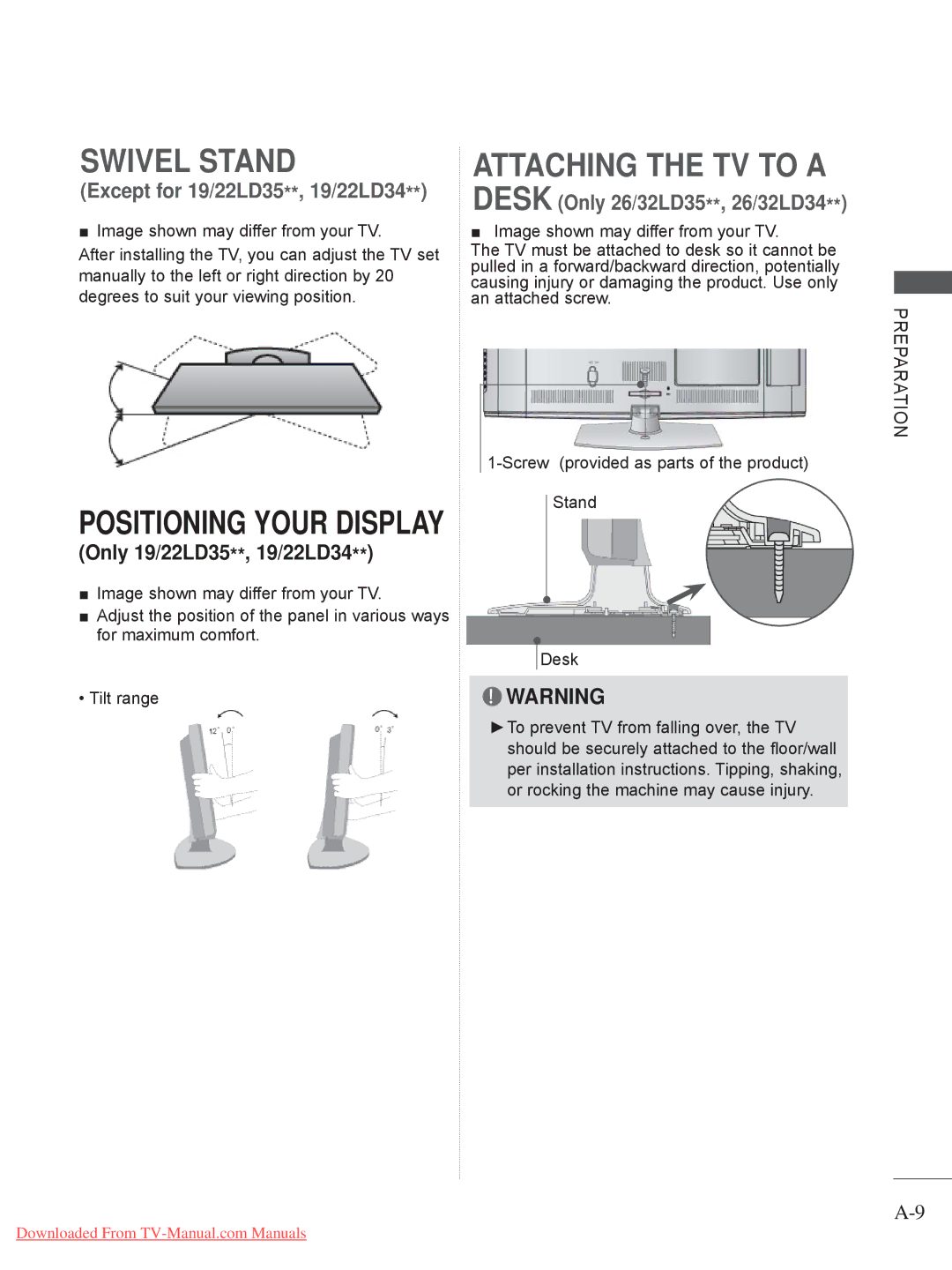 LG Electronics 26/32LD33, 32/37/42/47LD4, 26/32LD32 Swivel Stand, Attaching the TV to a, Only 19/22LD35**, 19/22LD34 