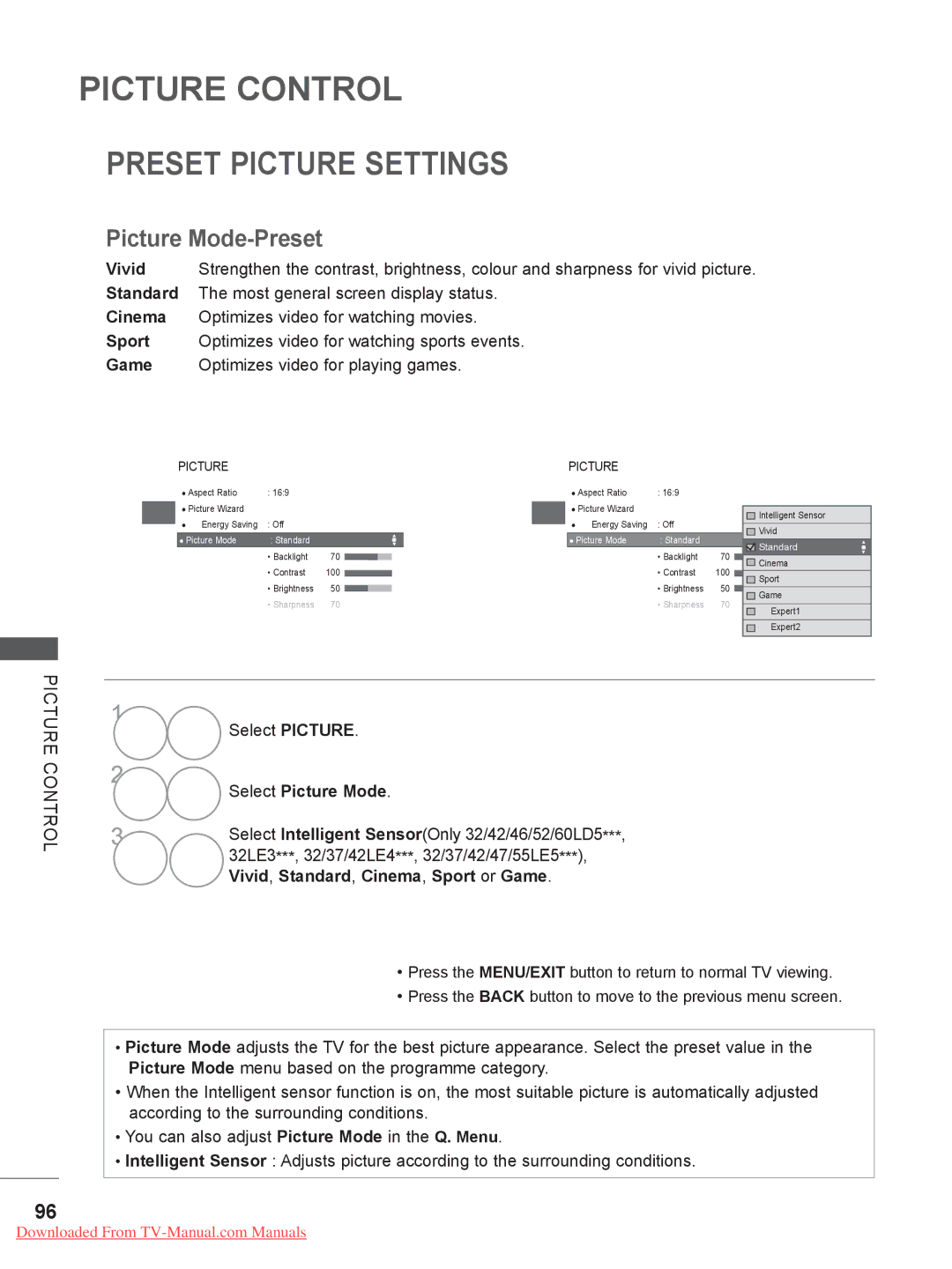 LG Electronics 26/32LD32, 32/37/42/47LD4, 26/32LD33 Preset Picture Settings, Picture Mode-Preset, Select Picture Mode 