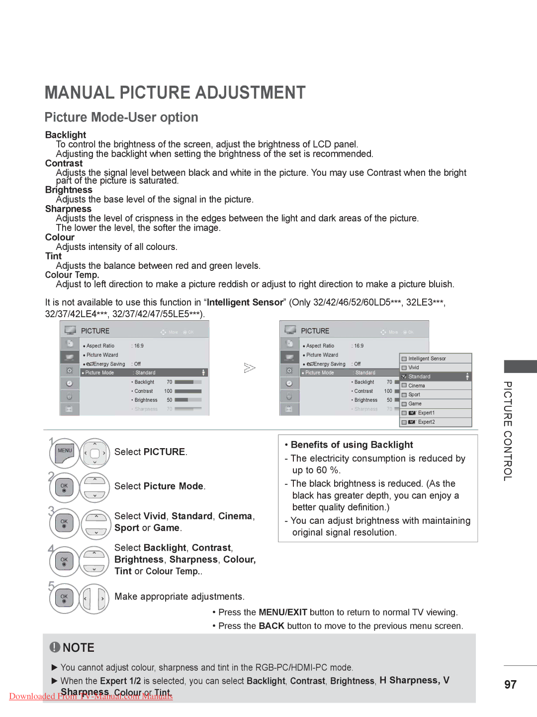 LG Electronics 32/37/ 42LE4, 32/37/42/47LD4, 32/37/42/47/55LE5, 22/26LE5 Manual Picture Adjustment, Picture Mode-User option 