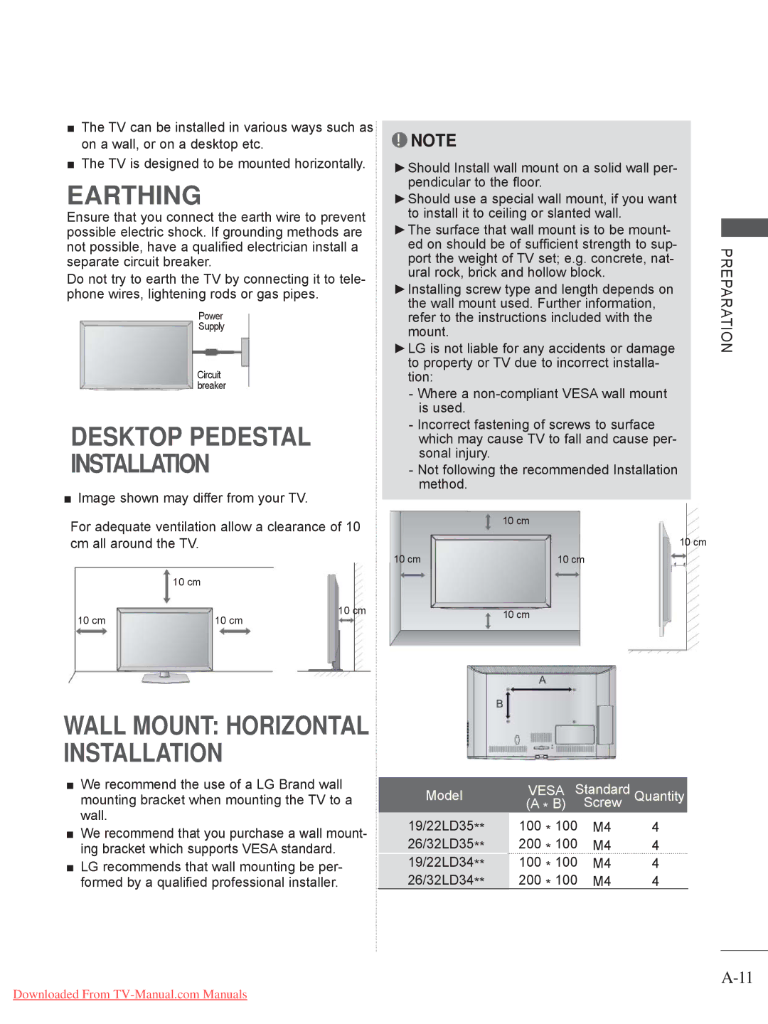 LG Electronics 32/37/ 42LE4, 32/37/42/47LD4, 26/32LD33 Earthing, Installation, We recommend the use of a LG Brand wall 