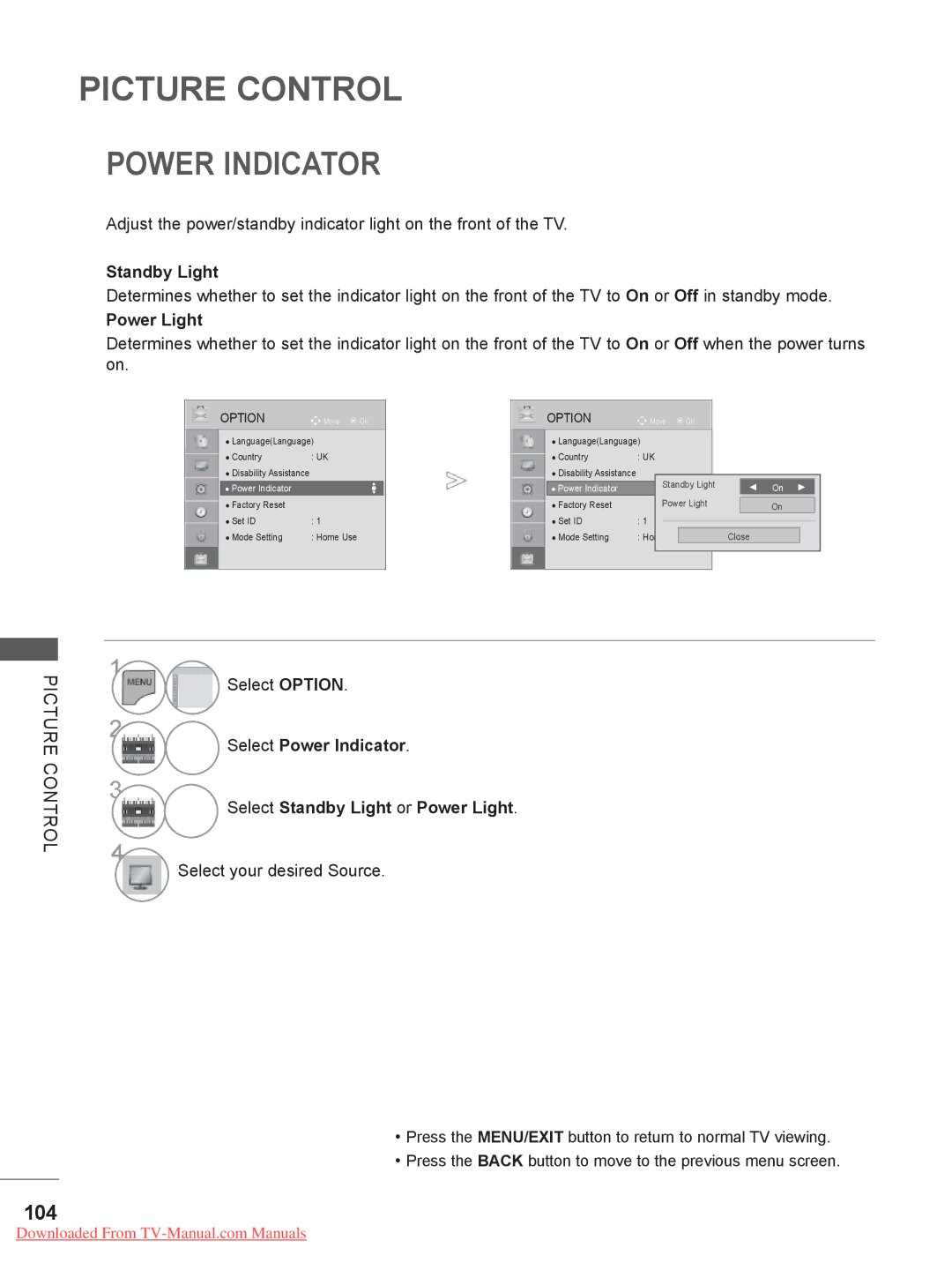 LG Electronics 32/42/46/52/60LD5, 32/37/42/47LD4, 32/37/42/47/55LE5 Power Indicator, 104, Standby Light, Power Light 