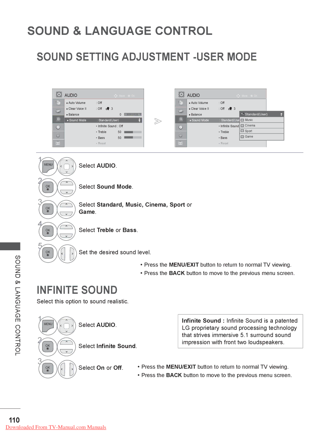 LG Electronics 19/22/26/32LD35, 32/37/42/47LD4 Sound Setting Adjustment -USER Mode, Infinite Sound, 110, Select Sound Mode 