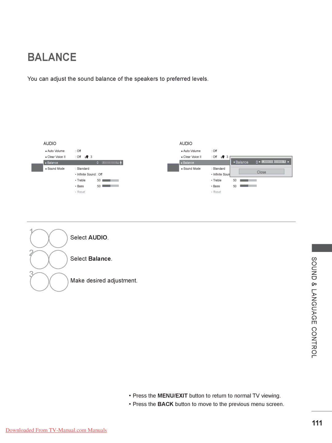 LG Electronics 19/22/26/32LD34, 32/37/42/47LD4, 26/32LD33 111, Select Audio Select Balance Make desired adjustment 