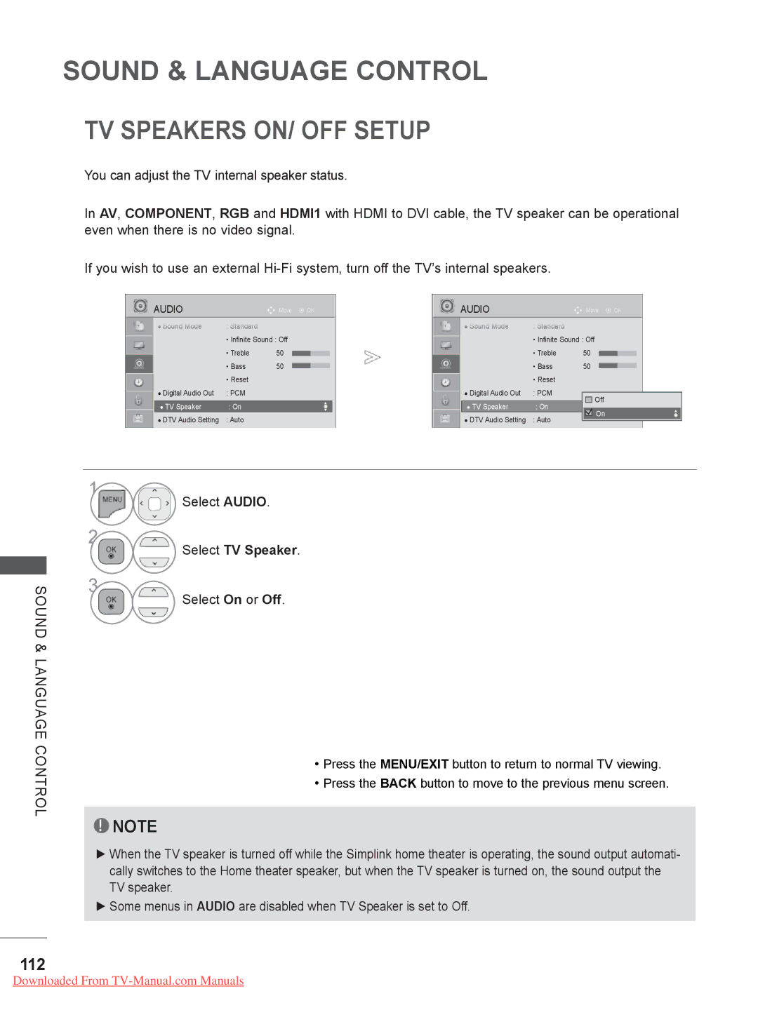 LG Electronics 32/37/42/47LD4, 32/37/42/47/55LE5, 32/42/46/52/60LD5 TV Speakers ON/ OFF Setup, 112, Select TV Speaker 