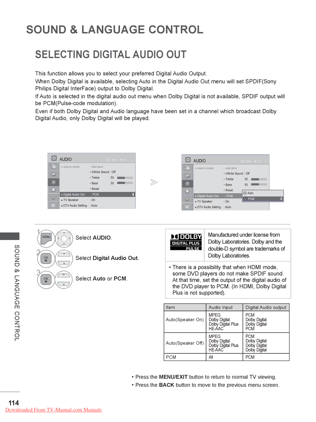 LG Electronics 32/42/46/52/60LD5, 26/32LD33 Selecting Digital Audio OUT, 114, Select Digital Audio Out, Select Auto or PCM 